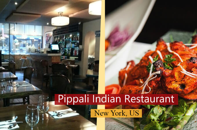 cocktail bar and restaurant dining area with delicious indian food at pippali indian restaurant in new york,  united states.