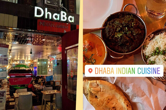 front and inside view of 'dhaba indian cuisine' indian restaurant serving mouth watering indian food in new york united-states.