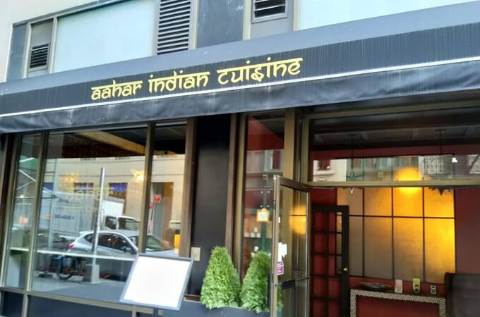 front entry view of 'aahar indian cuisine' indian restaurant in new york, united states.