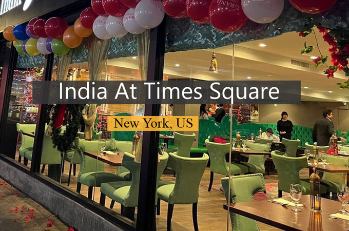 inside restaurant dining area of 'india at times square' indian restaurant in new york, united-states.