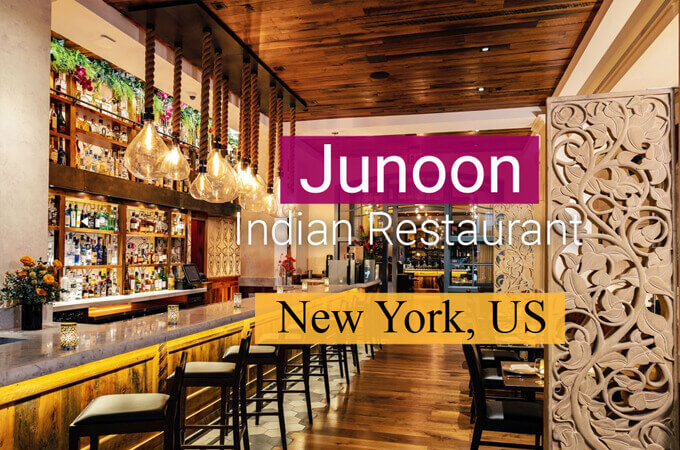  magnificent inside view of restaurant cocktail bar and dining area at 'junoon indian' restaurant in new york united states